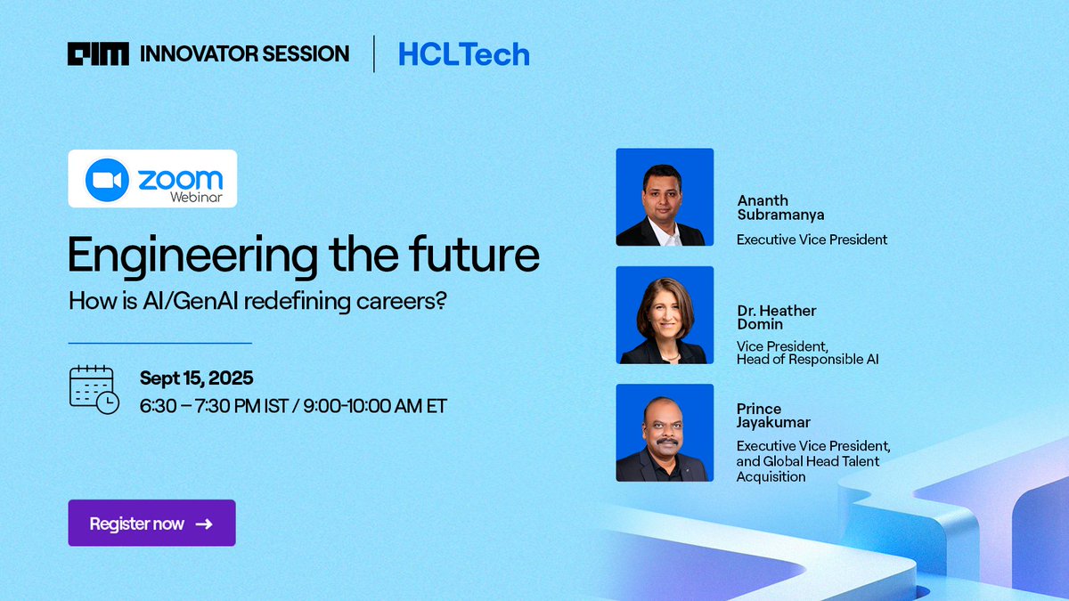 amank_gupta's tweet photo. Hear from HCLTech Leaders as they share their insights on what’s next in engineering, how Responsible AI is critical and the must-have skills to stay ahead.

📅 Sept 15, 2025 | 6:30 PM IST/9:00 AM EST

Register now and join the discussion: https://t.co/kdBUuRhjW2

#HCLTech #GenAI https://t.co/yZPWsfdsC7