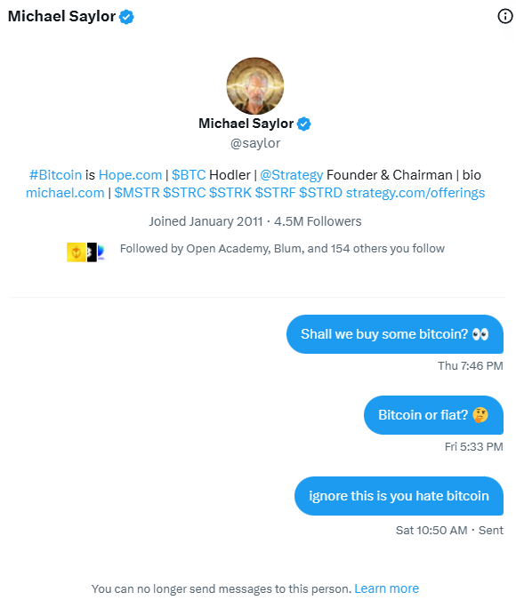 TrustWallet's tweet photo. Day 7 of messaging Michael Saylor "Bitcoin" until he responds

he's blocked us from sending messages... are we cooked?

Tag him with the word bitcoin below for the culture https://t.co/cbHXSligNP