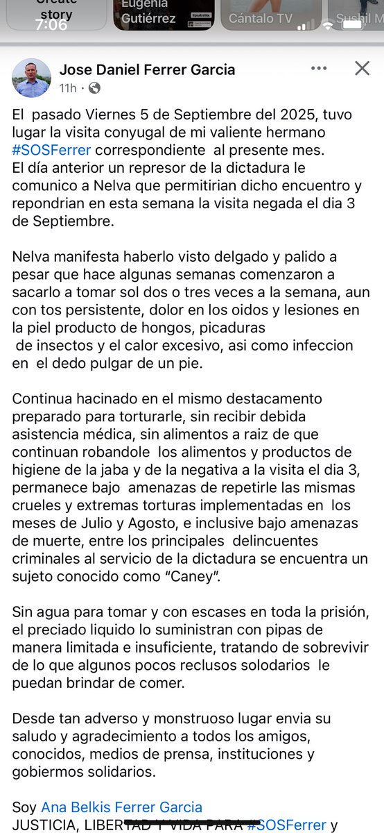 #Cuba Democratic Spaces demands the immediate &amp; unconditional release of José Daniel Ferrer and ALL Cuban political prisoners. Their only “crime” is defending freedom, truth, and human dignity. Every day behind bars is a crime against justice and humanity. #SOSFerrer #FreeThemAll