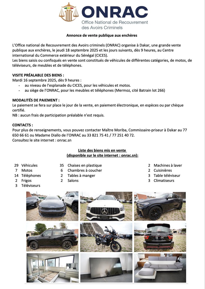 📣 VENTES AUX ENCHERES DE L'ONRAC
🗓 Jeudi 18 septembre 2025
🕘 À partir de 9 heures
📍Au Centre International du Commerce Extérieur du Sénégal (CICES)
➡️ Salle de l'Unité Africaine