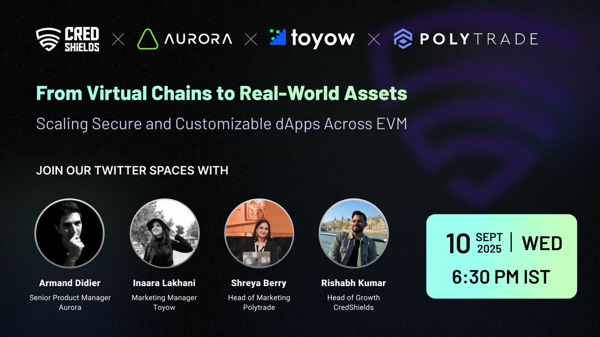 CredShields's tweet image. Join CredShields, @auroraisnear, @ToyowOfficial, and @Polytrade_fin for the third episode of Shielded Spaces.

Catch the discussion on Wednesday, September 10 at 6:30 PM IST | 1:00 PM UTC.

🎙️ Speakers:
@armd_didier – Senior Product Manager, Aurora
@inaaralakhanii – Marketing…