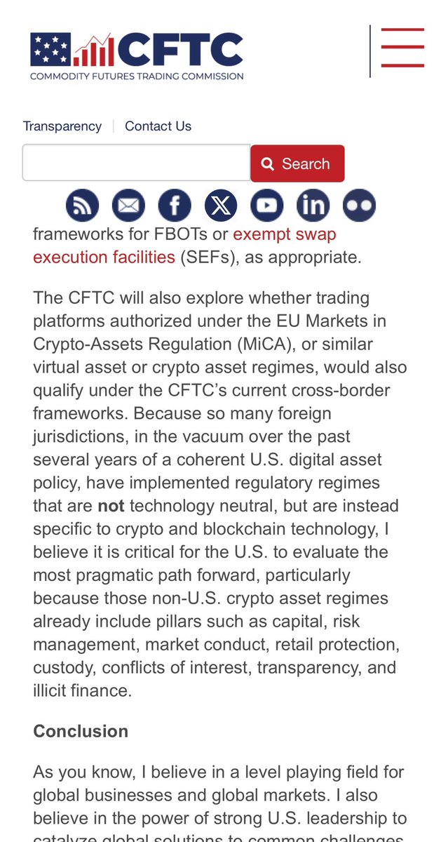 🚨NEW: In a recent speech, Acting CFTC Chair <a href="/CarolineDPham/">Caroline D. Pham</a> said the agency is exploring whether foreign crypto trading platforms that follow robust, crypto-specific rules, such as the EU’s MiCA framework, could be recognized under U.S. cross-border regulations.

It follows the