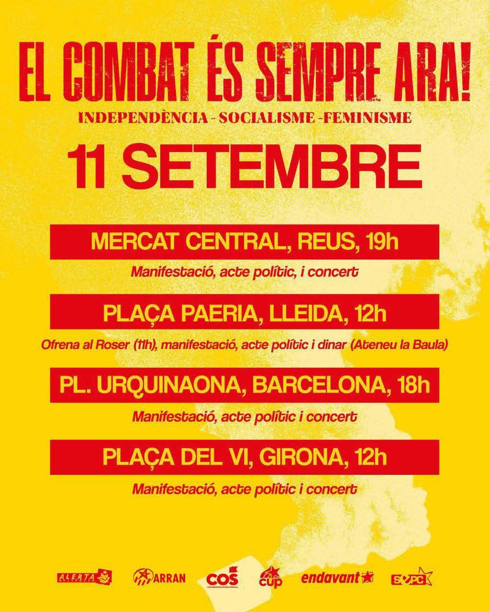 L'11 de setembre tornem a sortir als carrers!
Per la terra
Pel futur
Per la llibertat
PER LA INDEPENDÈNCIA DEL NOSTRE POBLE