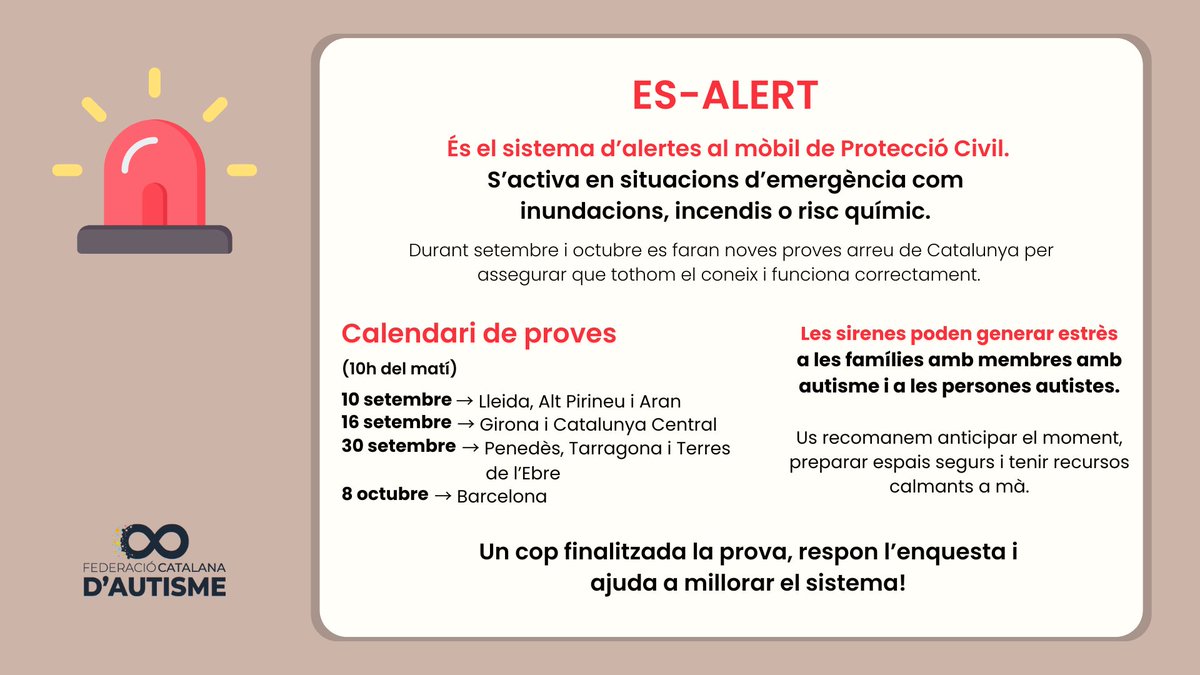 🚨Proves del sistema d’alertes al 📲 ES-ALERTA de <a href="/emergenciescat/">Protecció civil</a> al setembre i octubre

👉 Les alertes poden ser estressants per a les persones amb autisme, cal anticipar el moment, espais segurs i recursos calmants.

ℹ️+info: interior.gencat.cat/alertesprotecc…
#ESALERT #Autisme