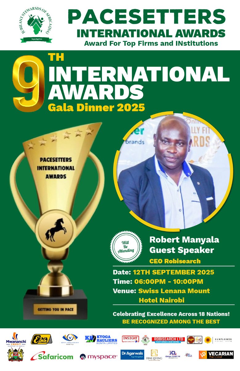 Måñũçĥö 17 (@szobozslai27186) on Twitter photo Pacesetters international awards will be held on 12th sep 2025 at swiss lenana mount hotel Nairobi from 6pm to 10pm book your tickets now
<a href="/jsa2011/">Jubilant Stewards of Africa (JSA)</a>
Jubilant Stewards Of Africa
#9thPacesettersAwards
Attend PacesettersAwards GalaDinner Pacesetters international awards will be held on 12th sep 2025 at swiss lenana mount hotel Nairobi from 6pm to 10pm book your tickets now
<a href="/jsa2011/">Jubilant Stewards of Africa (JSA)</a>
Jubilant Stewards Of Africa
#9thPacesettersAwards
Attend PacesettersAwards GalaDinner