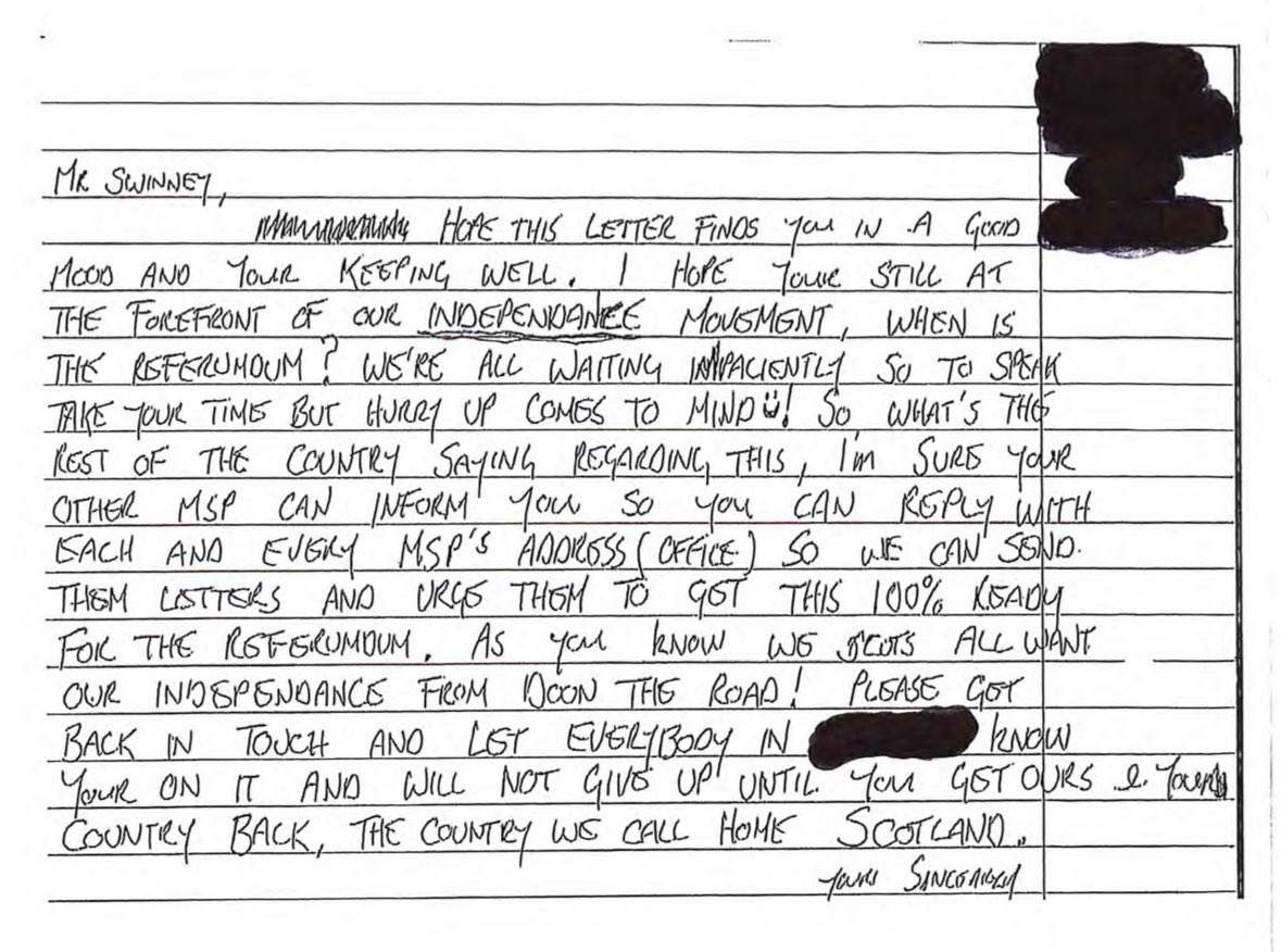 This was not my FOI request, but somebody else asked Scot Gov for all correspondence received on the subject of an independence referendum during the period 8th February- 8th May 2025.

Just one item - a rather batty handwritten note to the First Minister - was released.