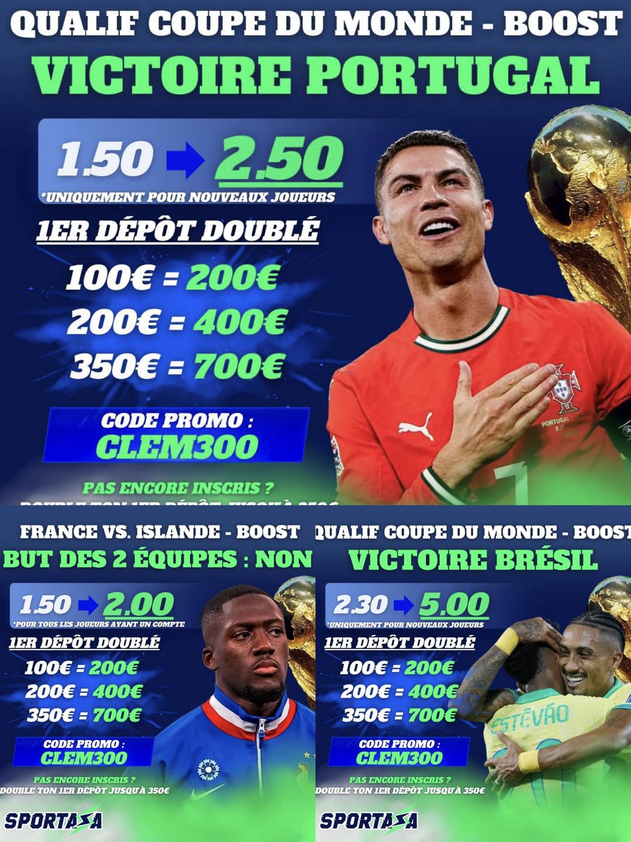 BetClem_'s tweet photo. 🚨 MAGNIFIQUES COTES BOOSTÉS FOOTBALL DU JOUR 🚨

🇵🇹 C. Ronaldo buteur @2.50
🏴󠁧󠁢󠁥󠁮󠁧󠁿 H. Kane buteur  @4.00
🇫🇷 Victoire de la France par 2 buts ou +@2.00
DISPO ICI 👇👇 
https://t.co/Cloi5sULZS
🎁 1ER DÉPÔT DOUBLÉ JUSQU'À 350€ +20€ EN FREEBETS

🇵🇹 Victoire du Portugal @2.50
🇫🇷 France vs 🇮🇸 les deux équipes ne marquent pas @2.00
🇧🇷 Victoire Brésil @5.00
ICI 👇👇
https://t.co/wW5rOpn03n
🎁 1ER DÉPÔT DOUBLÉ JUSQU'À 350€

🇫🇷 K. Mbappé buteur @1.90
🇧🇷 RAPHINHA buteur @6.00
🏴󠁧󠁢󠁥󠁮󠁧󠁿 Victoire Angleterre @3.50
JUSTE LÀ 👇👇 
https://t.co/7dIh2vB8bB
🎁 1ER DÉPÔT DOUBLÉ JUSQU'À 350€

Rendez-vous en DM 📥 pour toutes questions et pour un 🎁 supplémentaire!
#TeamParieur