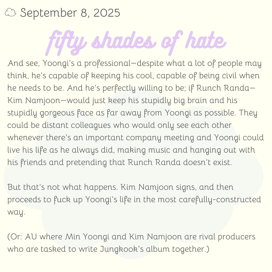09/08 

our weekly fic is fifty shades of hate by <a href="/missandrogyny/">jürgen 🫧</a>! read it here: archiveofourown.org/works/35083540 

remember to check those tags before reading and leave a kudos/comment to show your love 💜