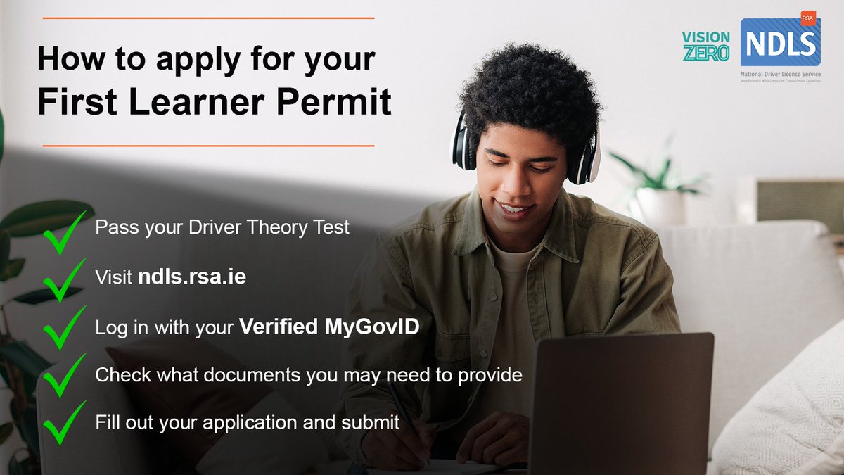 RSAIreland's tweet image. How to apply for your First Learner Permit

✔ Pass your Driver Theory Test

✔ Visit ndls.rsa.ie

✔ Log in with your Verified MyGovID

✔ Check what documents you may need to provide

✔ Fill out your application and submit