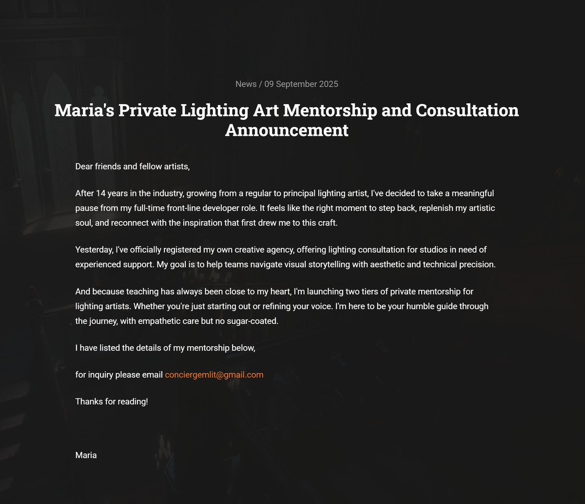Maria_Hime77's tweet image. 🐦‍⬛I love making games, but there are others who seem to enjoy cancelling them more. So, I’ve decided to take a break and share my knowledge with people who truly care and love what they do.

Welcome to🖤 EmberShade🖤, my independent lighting art creative agency.