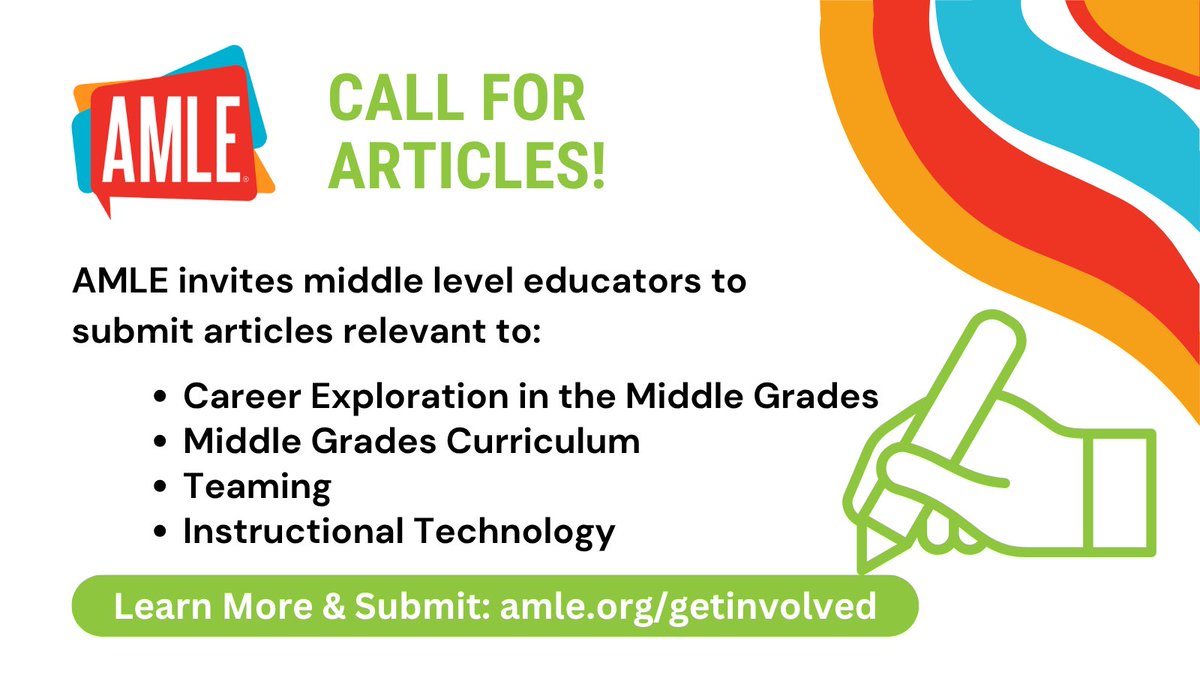What's working in your classroom or school?

AMLE seeks practitioner-focused articles from middle level educators on a variety of topics. 

Learn more and submit ➡️ ow.ly/yMNQ50W12Sb