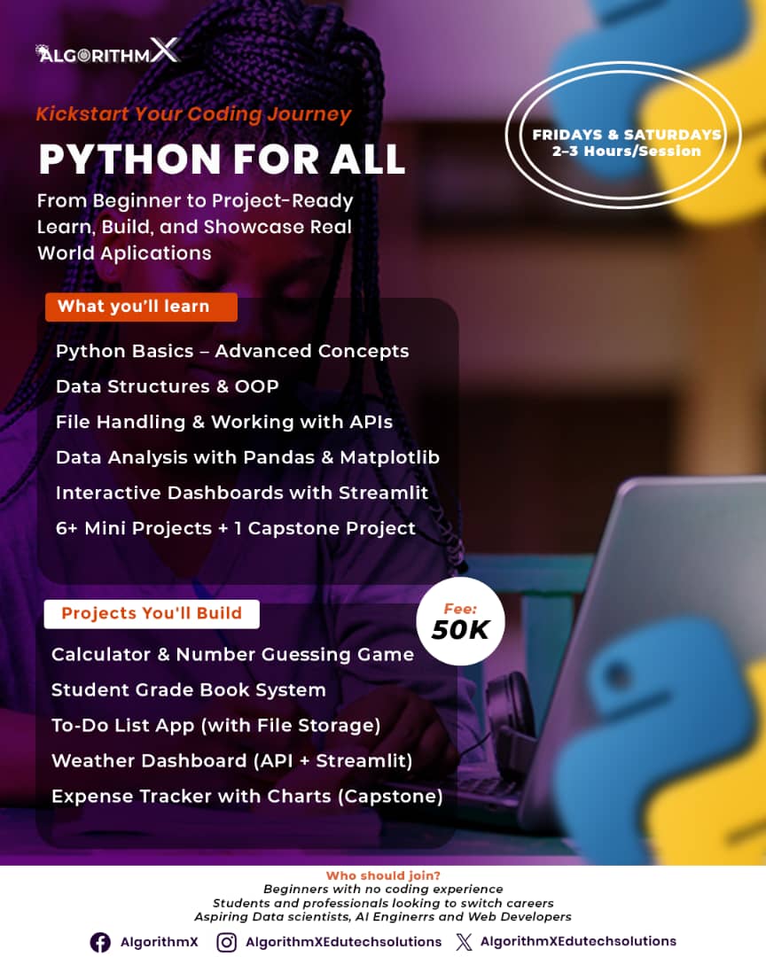 AlgorithmX_124's tweet image. Kickstart Your Coding Journey with Python

We&apos;ve had individuals who benefited from our free classes and they all can testify to how interacting and value packed it is, so now, it is time to step up and become project-ready by taking professional courses.
wa.me/message/A66A2W…