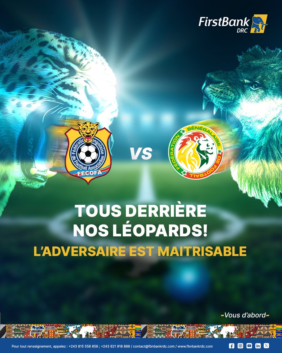 TOUS DERRIÈRE NOS LÉOPARDS ! 🐆🇨🇩

#FirstBankDRC #PEDERA #FECOFA #TousDerrièreNosLéopards #LéopardsRDC #MatchDay