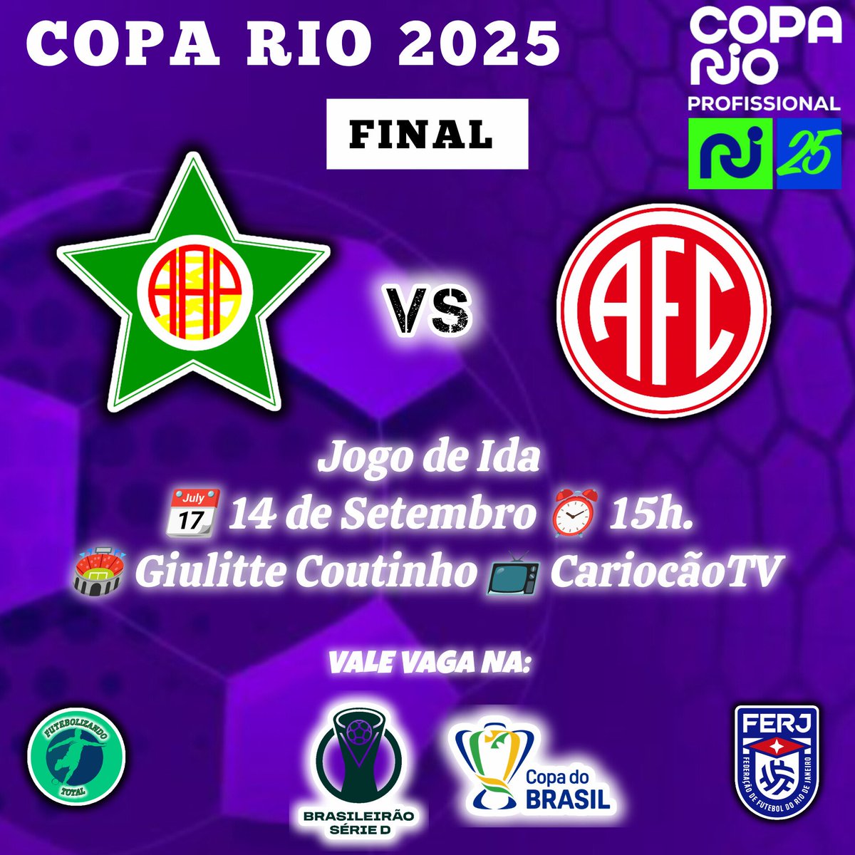 FutebolizandoTT's tweet photo. COPA RIO 2025
O América e a Portuguesa farão a grande final da Copa Rio 2025.
A partida de ida será no dia 14 de setembro no estádio Giulitte Coutinho, às 15h, com transmissão do CariocãoTV.
#FERJ #FutebolizandoTotal #CopaRio #CopaRio2025 #America #Portuguesa https://t.co/FJORR8kkQf