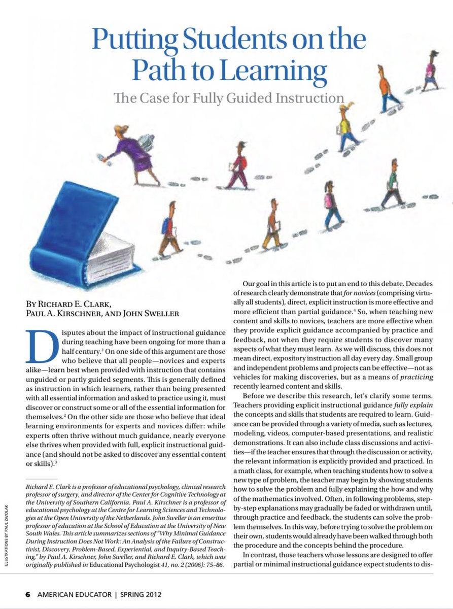 Mme Lockhart (@mmelockhartldsb) on Twitter photo “Decades of research clearly demonstrate that for novices (compromising virtually all students) direct, explicit instruction is more effective and more efficient than partial guidance.” <a href="/P_A_Kirschner/">Paul A. Kirschner</a>
Putting Students on the Path to Learning, a must-read article for all “Decades of research clearly demonstrate that for novices (compromising virtually all students) direct, explicit instruction is more effective and more efficient than partial guidance.” <a href="/P_A_Kirschner/">Paul A. Kirschner</a>
Putting Students on the Path to Learning, a must-read article for all