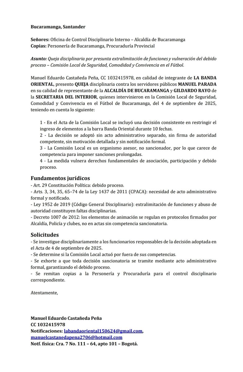 HenryPinzon10's tweet image. 🚨 #ABUSOS | ATENCIÓN ⚠️
Las directivas de la barra &quot;Banda Oriental&quot;, radicaron una queja disciplinaria contra Manuel Parada y el Coronel  Gildardo Rayo, secretario del Interior de la @AlcaldiaBGA, por graves denuncias de presuntos abusos, arbitrariedades y extralimitación de…