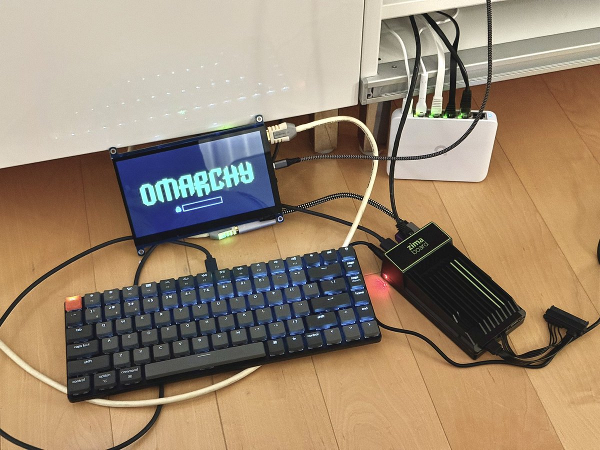 Omarchy … on found hardware:
✅ Screen too small…
✅ Hardware so janky…
✅ Install was a breeze
✅ Had to try it… and works
✅✅ Damn this is fun <a href="/dhh/">DHH</a> 
Looking  forward to installing it on something… with less visible cables.