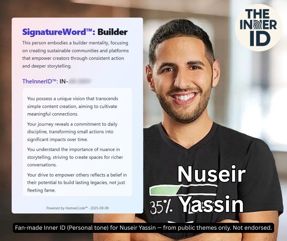 TheInnerID's tweet image. A fan-made Inner ID for Nas Daily—consistency > luck, community > views, creator = builder.
Which one today?
🟨 Ship a 60-sec story
🟨 Start a community space
🟨 Kill one vanity metric
Respect to @nasdaily. Fan project; not affiliated. #InnerID #Creators #CommunityTech