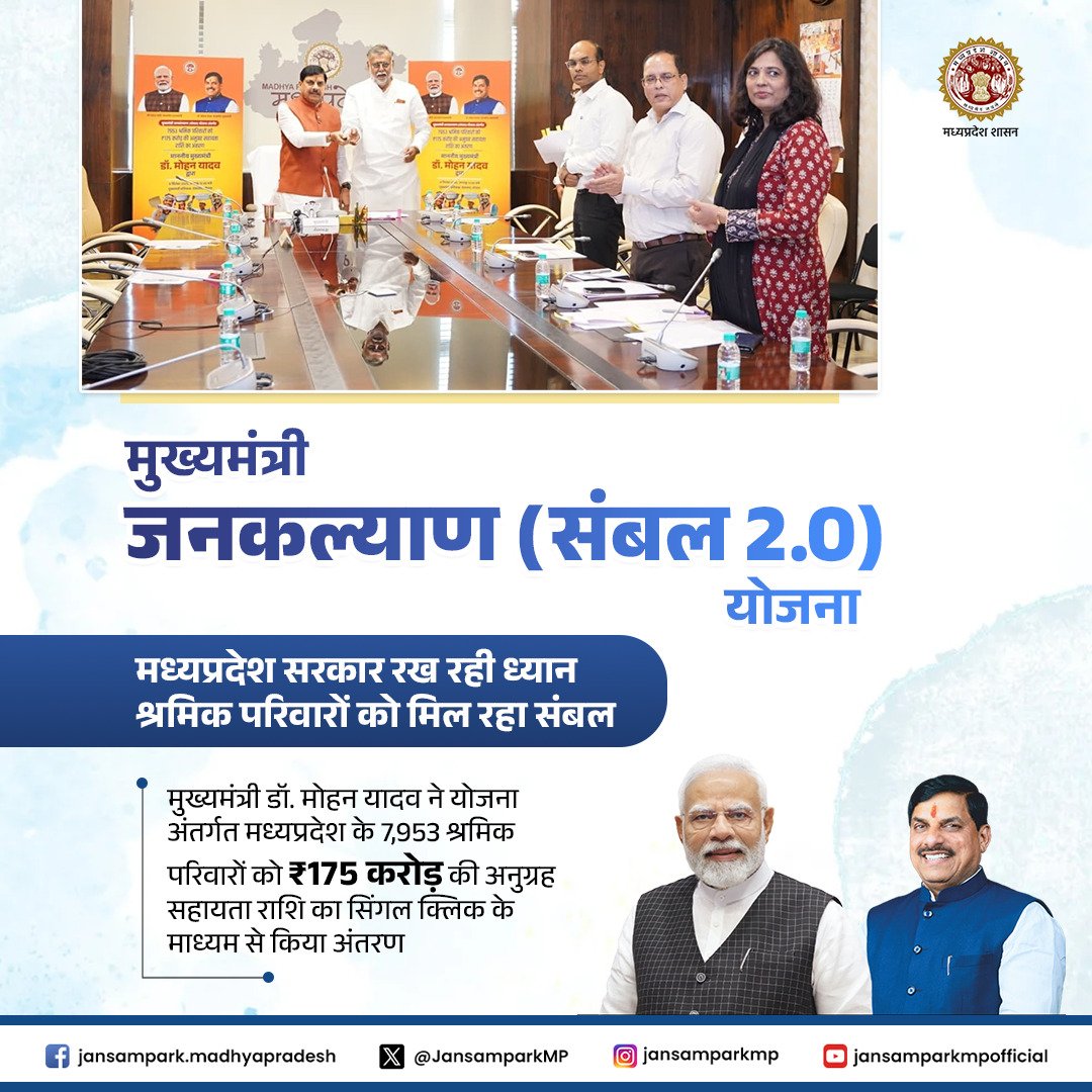 मुख्यमंत्री जनकल्याण (संबल 2.0) योजना

मध्यप्रदेश सरकार रख रही ध्यान
श्रमिक परिवारों को मिल रहा संबल

मुख्यमंत्री डॉ. मोहन यादव ने योजना अंतर्गत मध्यप्रदेश के 7,953 श्रमिक परिवारों को ₹175 करोड़ की अनुग्रह सहायता राशि का सिंगल क्लिक के माध्यम से किया अंतरण

<a href="/CMMadhyaPradesh/">Chief Minister, MP</a>