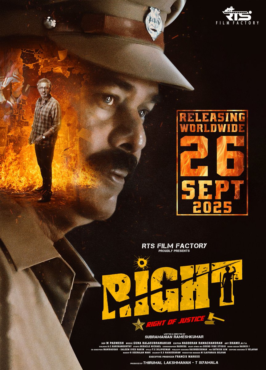 RTS_film's tweet image. Every frame is loaded with power, packed with action, thrilles and sure to give you goosebumps! 🔥#Right hits theatres on September 26th

#Justice

Directed by : #SubramanianRameshKumar

Produced by : @RTS_film