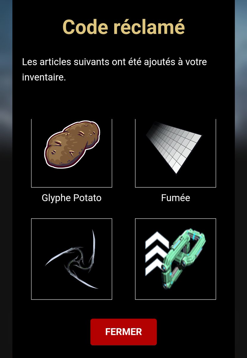 Hey les gens oubliez pas d'utiliser le code promo BSD-WARFRAME avant le 5 octobre sur le market ou sur le site de #Warframe pour obtenir :
-un glyphe patate
-une palette de couleurs 
-un glaive
-un booster d'affinité 
(C'est toujours bon de prendre les trucs gratuits 😉)