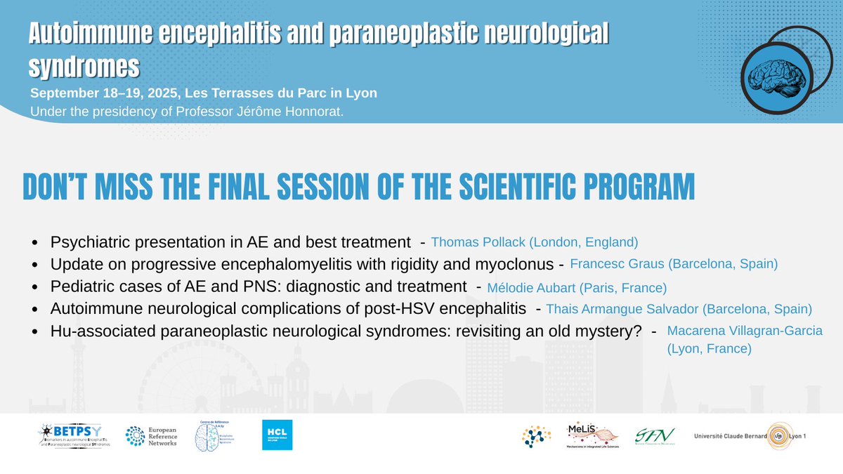 ✨ Spotlight on final session at the AE &amp; PNS Congress (Sept 18–19, Lyon) Discover the session titles in the visual below. 👉 Don’t miss it! betpsy-congres.com
#Neurology #Congress