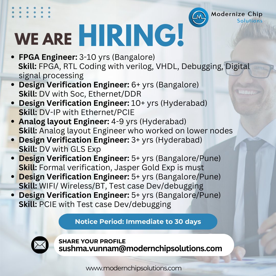 ModernizeChip's tweet image. We’re Hiring Across Multiple Roles! 

📍 Notice Period: Immediate to 30 days
📩 Share your profile with us at: sushma.vunnam@modernchipsolutions.com

#WeAreHiring #DesignVerification #SemiconductorJobs #FPGA #AnalogDesign #BangaloreJobs #HyderabadJobs #PuneJobs