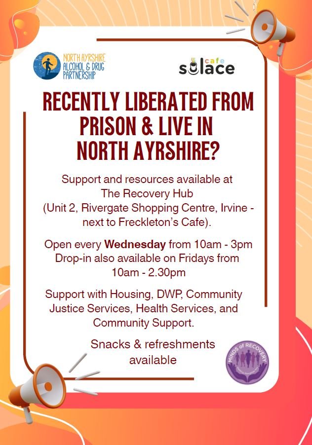 Support and resources are now available for people recently liberated from prison and living in North Ayrshire.  Please share across your networks⬇️
<a href="/NorthAADP/">NAADP</a> <a href="/NAHSCP/">North Ayrshire HSCP</a> <a href="/NACJustice/">Justice Services</a>
<a href="/MINDS333/">Minds Of Recovery</a> <a href="/IrvineCafe/">Cafe Solace (Irvine & Ardrossan)</a> <a href="/MADGroupNAC/">Making a Difference</a>
#Community #Justice #Ayrshire #Partnership