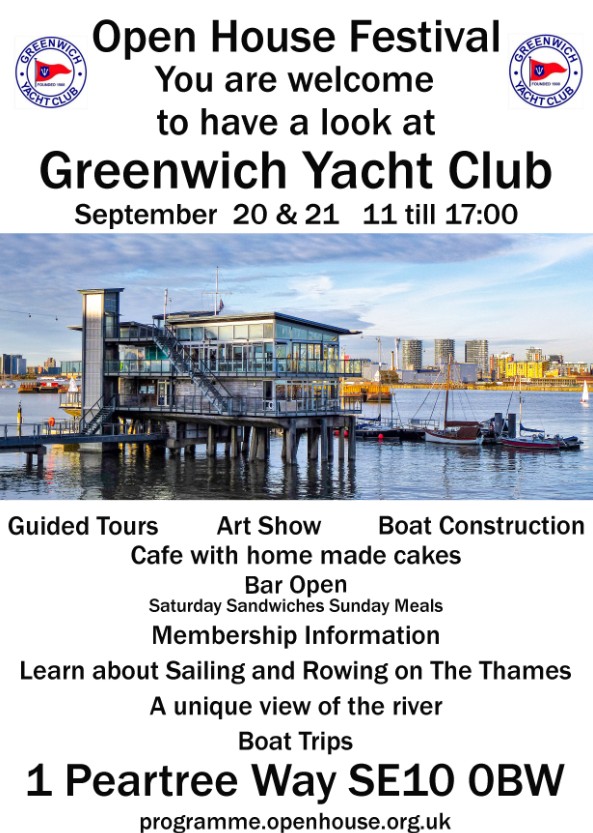 #Greenwich Yacht Club is proud to be part of this year's #OpenHouseLondon Festival, an annual celebration of London's architecture and neighbourhoods, on September 20 &amp; 21.
Enjoy river views, a guided tour, boat ride and art show. Buy homemade cakes, and a drink in the Clubhouse.