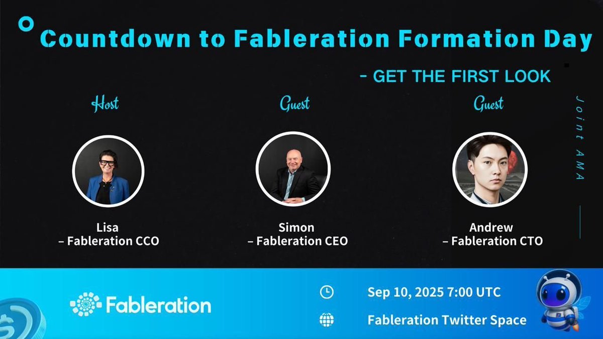 ⏳ Countdown to Fableration Formation Day!

Join us on Twitter Space for a sneak peek at Fableration’s big day tomorrow.

🗓 Sept 10, 2025 | 7:00 UTC
📍 x.com/i/spaces/1PlKQ…

Fableration CCO Lisa <a href="/onegreenheartu/">Onegreenheart</a> will be joined by our CEO Simon <a href="/simding/">Simon Harding</a> and CTO Andrew