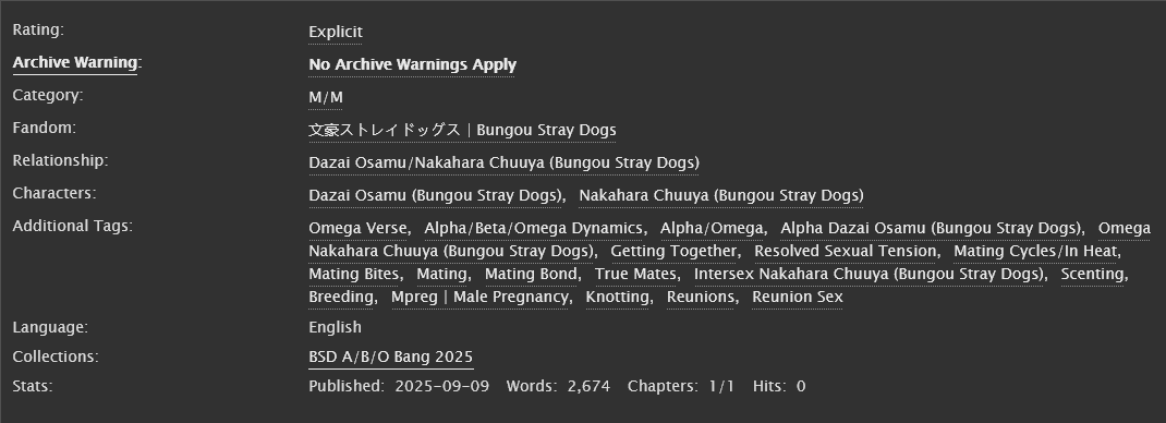 Time for some NSFW Dazai x Chuuya goodness for <a href="/bungomegaverse/">bsd a/b/o bang</a>
I've been wanting to write these two forever and I had so much fun! Enjoy!
Link in replies