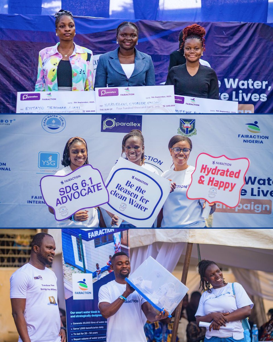 FairAction_Int's tweet photo. 💧September 5th: Our Safe Water, Save Lives Campaign at University of Ibadan brought students together on World Charity Day!
Amazing seeing young changemakers engage with water sustainability! 🌟🇳🇬
Congrats to all winners! 🎉
#SafeWaterSaveLives #YouthForChange #Fairaction https://t.co/oVlzYFdTUW