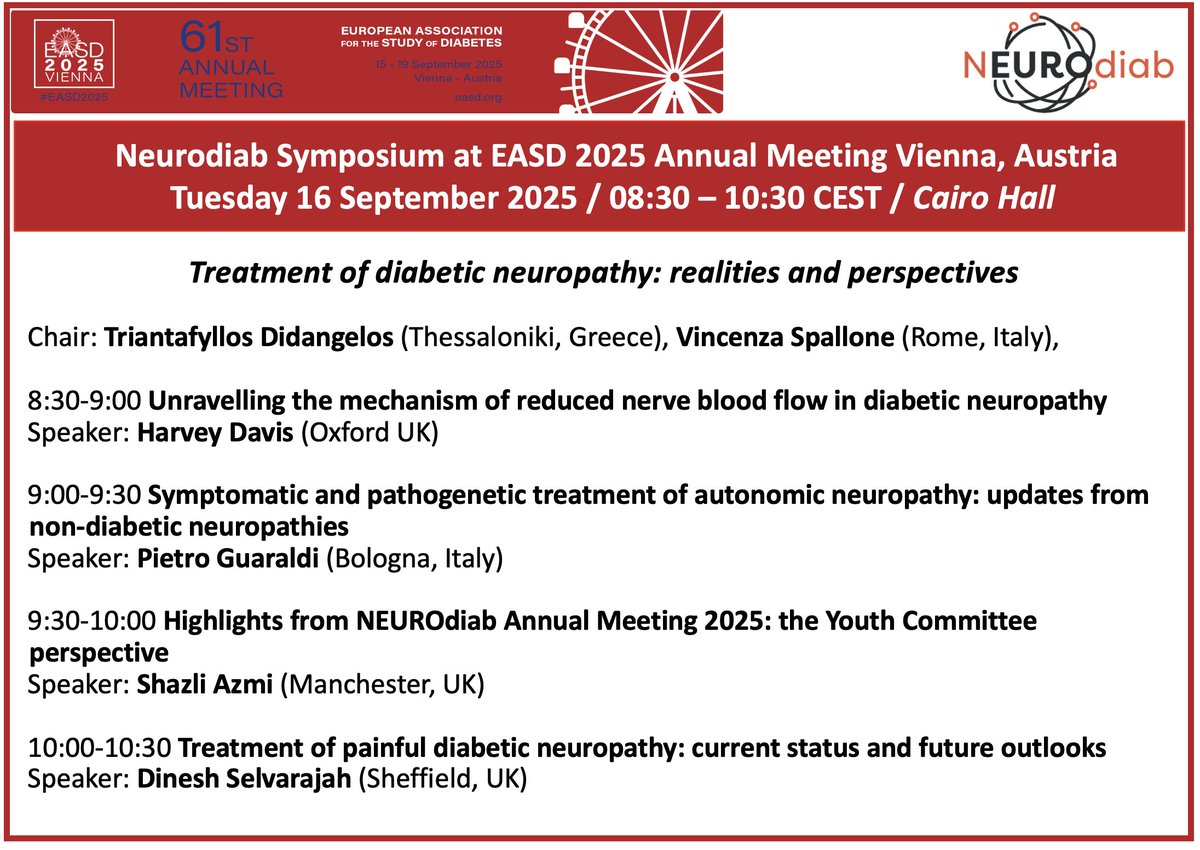 Just 7 days to NEUROdiab symposium at EASD 2025 Annual Meeting 
Tuesday, 16 September 2025, 8:30 – 10:30 CEST, Cairo Hall
Vienna, Austria