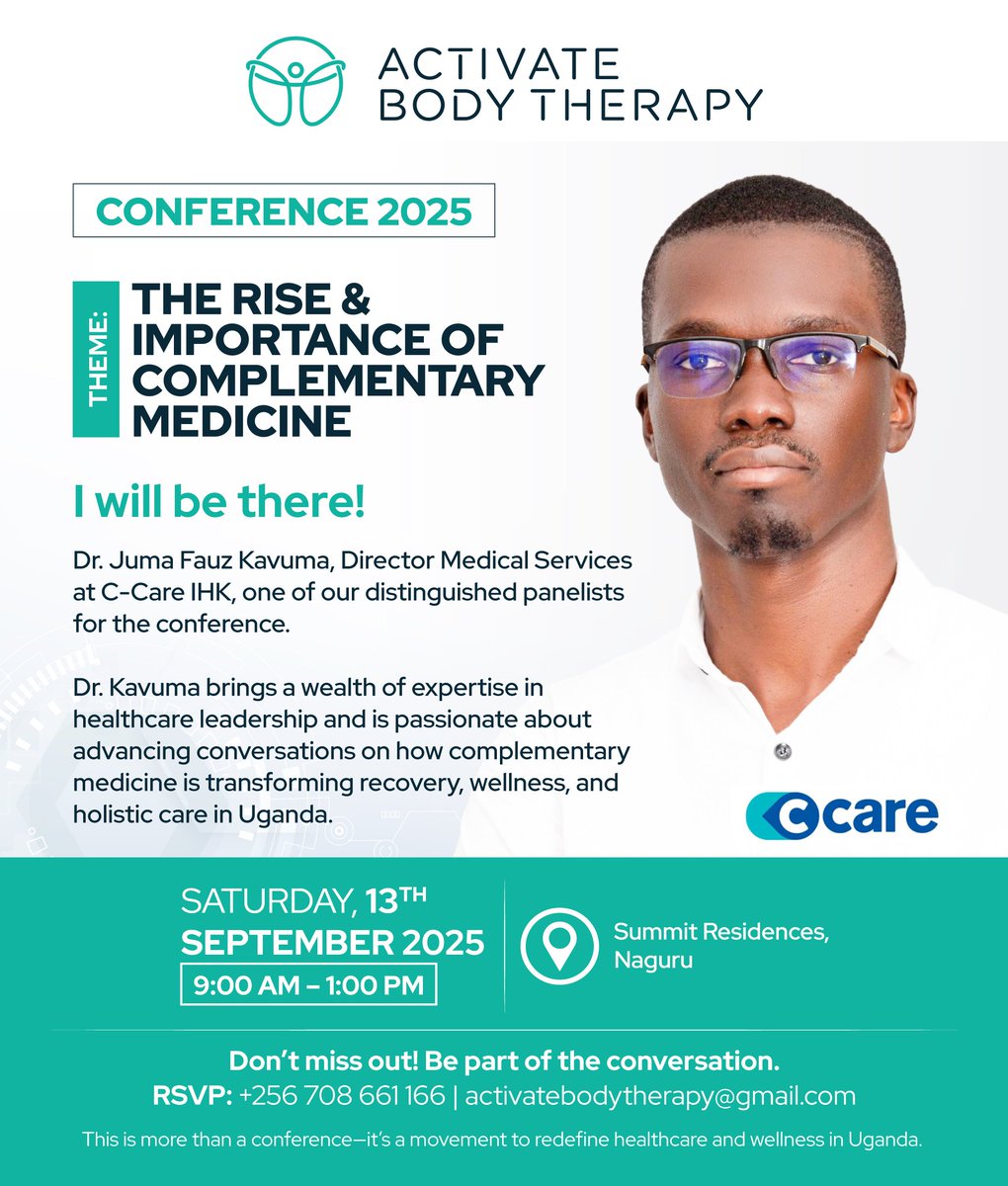 BodyActivate's tweet image. 🚨 Panelist Spotlight
We’re excited to host Dr. Juma Fauz Kavuma (Director Medical Services, C-Care IHK) at the ABT Conference 2025! 

Join the conversation transforming healthcare &amp;amp; wellness.

#ABTConference2025 #ComplementaryMedicine #PhysiotherapyMonth #ABTClinic