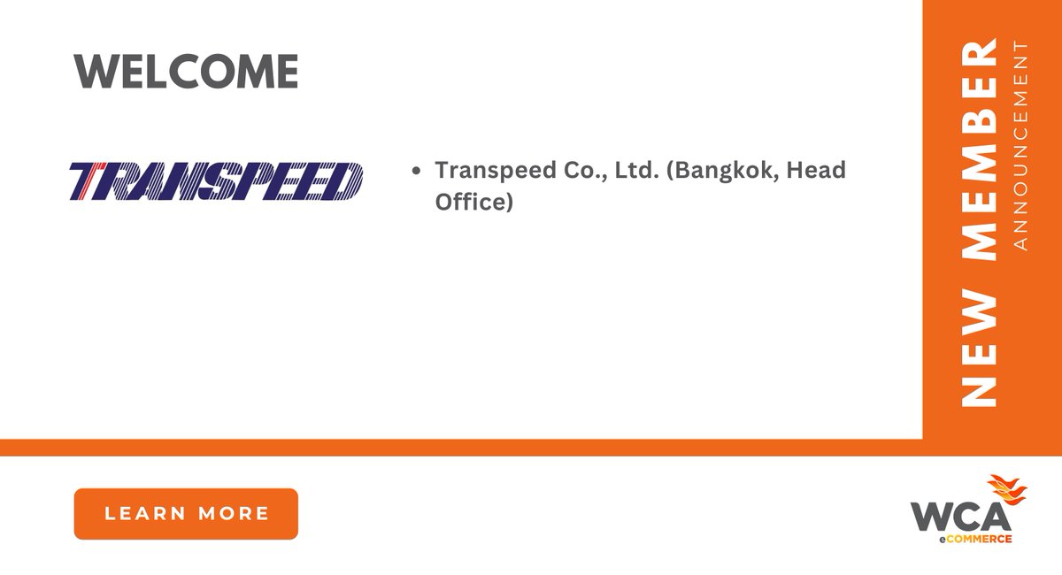 WCAeCommerce's tweet image. Join us in welcoming our newest members this week!

✴️ Transpeed Co., Ltd. (Bangkok, Head Office)
📌 Learn more: na2.hubs.ly/y0_JfR0

Get exclusive information on member benefits and the latest network updates by following us on social media.

#WCAeCommerceSolutions
