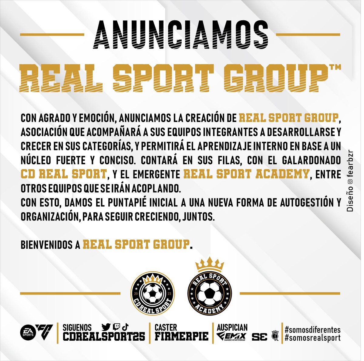 Anunciamos REAL SPORT GROUP, asociación que acompañará a sus equipos integrantes a desarrollarse y crecer en sus categorías, y permitirá el aprendizaje interno en base a un núcleo fuerte y conciso.

#cdrealsport #realsportacademy

#somosdiferentes #somosrealsport 
💛🖤🤍