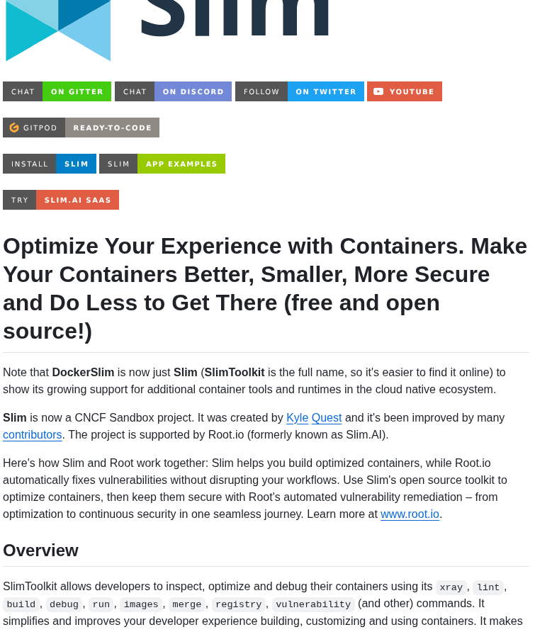 tom_doerr's tweet photo. make container images smaller and more secure with slimtoolkit https://t.co/x0yuEynBTY