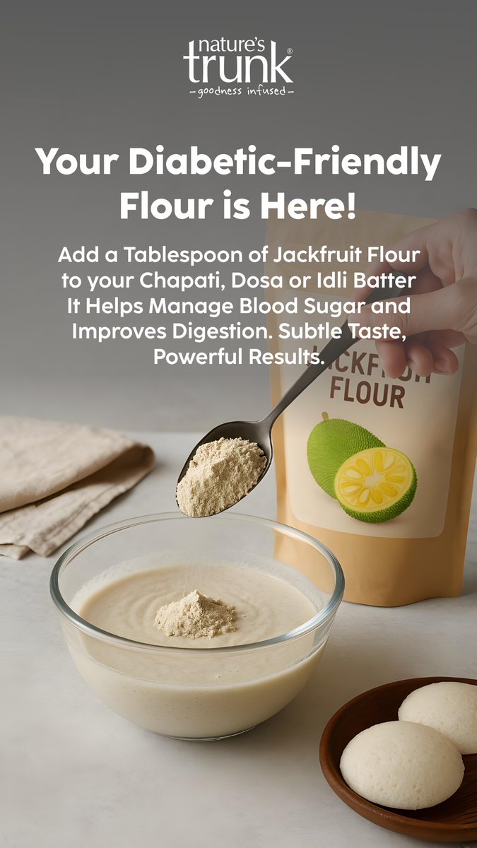 Natures_Trunk's tweet image. 🍽️ Managing diabetes doesn’t mean giving up your favourites!
✨ Add 1 tbsp of Jackfruit Flour to your chapati, dosa, or idli batter – helps control blood sugar, supports digestion &amp;amp; blends seamlessly.
Subtle taste, powerful health. 🌿
#DiabeticFriendly #JackfruitFlour #Healthy