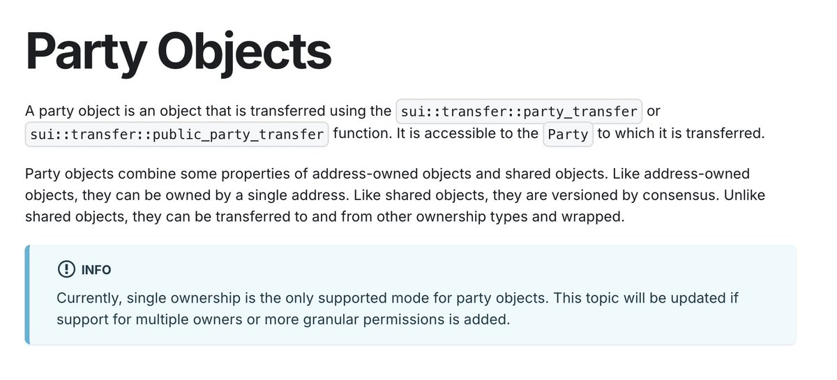 SuiNetwork's tweet image. Party Objects are here on Sui mainnet!

Think of them as a new type of object that blends:

🔒 Control of owned objects
📑 Consensus versioning of shared objects

That means objects you can move between fastpath &amp;amp; consensus, with built-in versioning - and soon, multi-owner +…