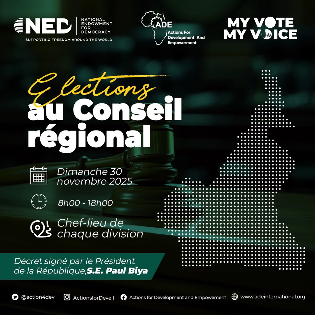 📢 H.E. Paul Biya has set 30 Nov 2025 as the date for the Regional Council Elections. 

🗳️ Voting runs 8am–6pm in the chief town of every Division nationwide.

#CameroonDecides #RegionalElections2025 #MyVoteMyVoice