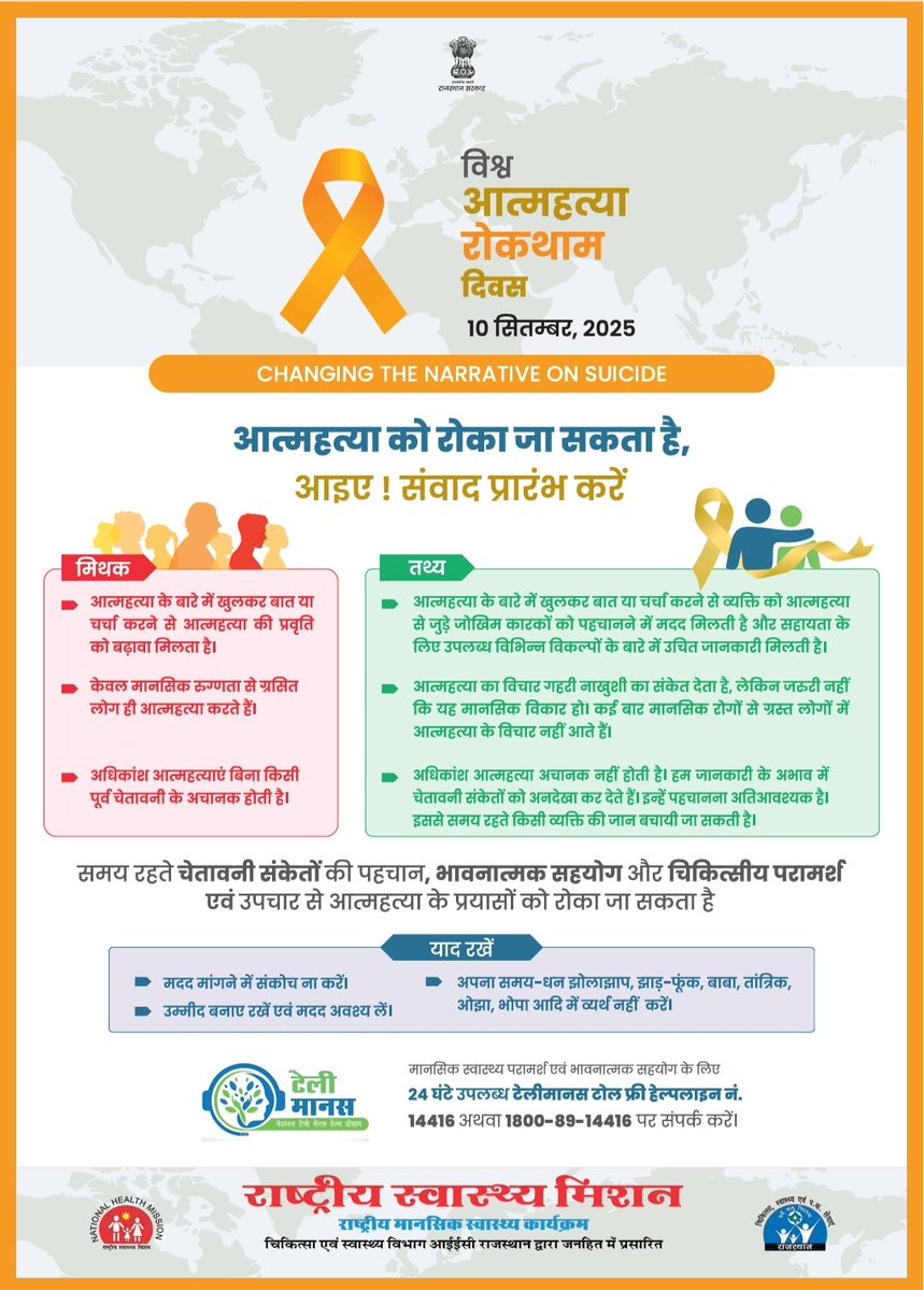 CMHO IEC JALORE (@iecjalore) on Twitter photo #विश्व_आत्महत्या_रोकथाम_दिवस : 10 सितंबर 2025
#आत्महत्या को रोक जा सकता है,
आइए ! संवाद प्रारंभ करें।।
<a href="/DIPRRajasthan/">सूचना एवं जनसम्पर्क विभाग, राजस्थान सरकार</a> <a href="/MoHFW_INDIA/">Ministry of Health</a> <a href="/MoHFW_INDIA/">Ministry of Health</a> <a href="/nhm_rajasthan/">Medical & Health Deptt. Rajasthan</a> <a href="/RajCMO/">CMO Rajasthan</a> #विश्व_आत्महत्या_रोकथाम_दिवस : 10 सितंबर 2025
#आत्महत्या को रोक जा सकता है,
आइए ! संवाद प्रारंभ करें।।
<a href="/DIPRRajasthan/">सूचना एवं जनसम्पर्क विभाग, राजस्थान सरकार</a> <a href="/MoHFW_INDIA/">Ministry of Health</a> <a href="/MoHFW_INDIA/">Ministry of Health</a> <a href="/nhm_rajasthan/">Medical & Health Deptt. Rajasthan</a> <a href="/RajCMO/">CMO Rajasthan</a>