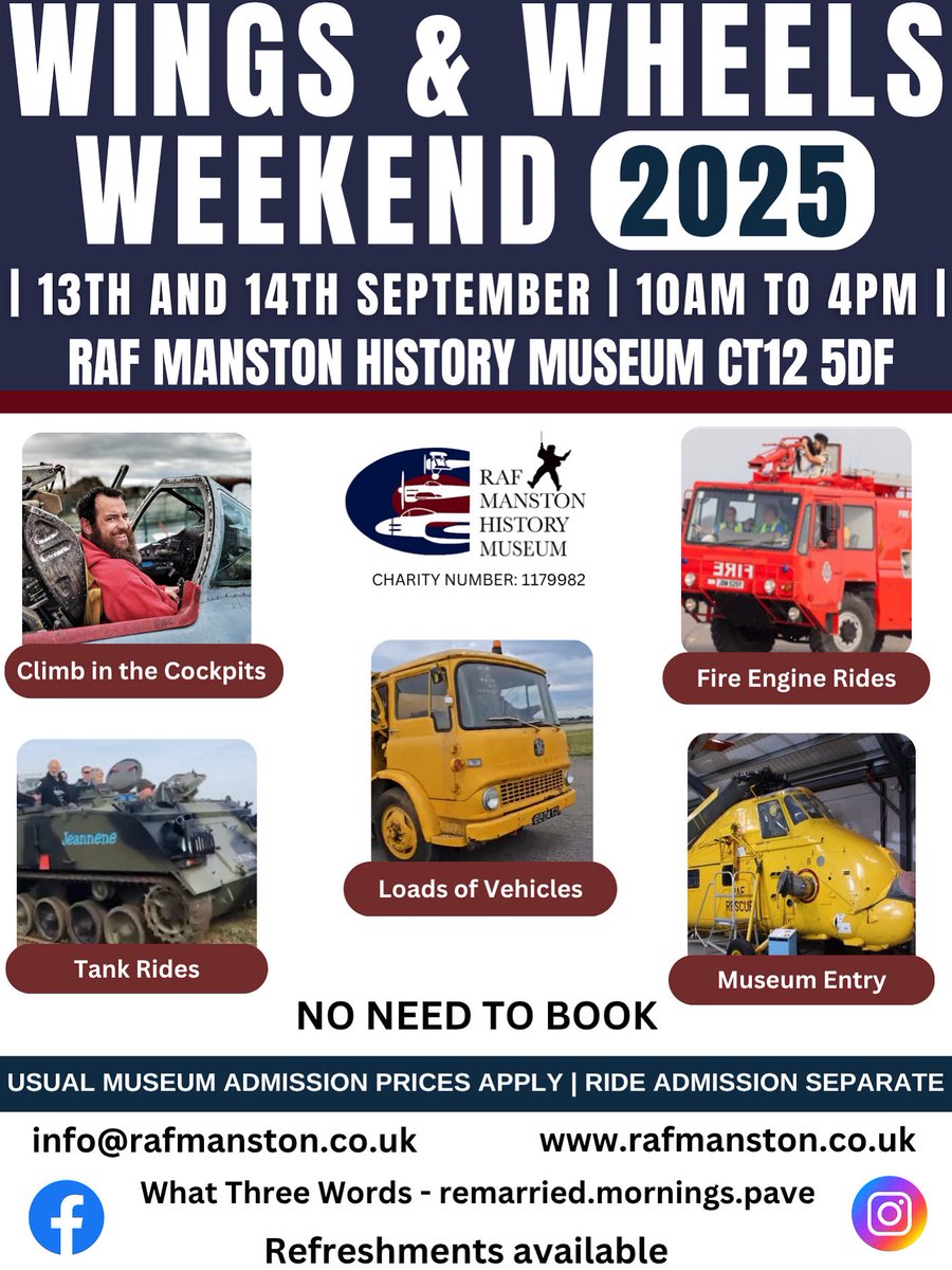 Join us on the 13/14 September for one of our largest events of the year! Wings and Wheels! The museum will be open as usual but you’ll be able to get inside some of the aircraft!
we will also have vehicle rides and outside exhibits! (Depending on weather) Normal Prices Apply.