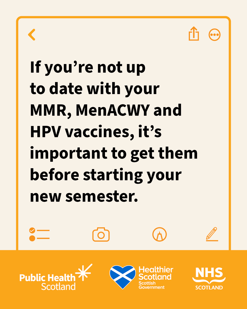 Heading to uni or college this year? 

Make sure you’re up to date on all your vaccines before starting the new term.

For more information visit nhsinform.scot/vaccinesforstu…

#Vaccines4Students
