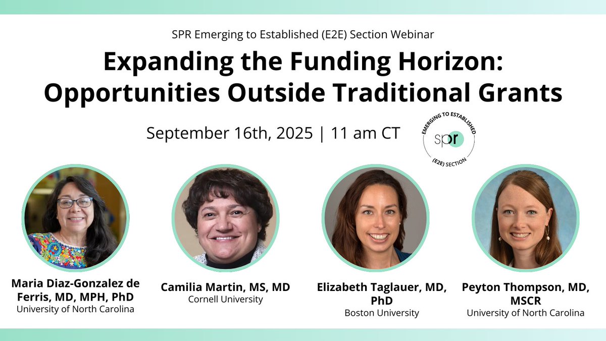 SPR (@socpedresearch) on Twitter photo Join the upcoming <a href="/E2E_spr/">SPR Emerging to Established (E2E) Section</a> webinar, Expanding the Funding Horizon: Opportunities Outside Traditional Grants, on Tuesday, September 16 at 11 am CT.
This session will explore alternative funding avenues available to pediatric investigators.
Register Now: ow.ly/8mZf50WQAEc Join the upcoming <a href="/E2E_spr/">SPR Emerging to Established (E2E) Section</a> webinar, Expanding the Funding Horizon: Opportunities Outside Traditional Grants, on Tuesday, September 16 at 11 am CT.
This session will explore alternative funding avenues available to pediatric investigators.
Register Now: ow.ly/8mZf50WQAEc