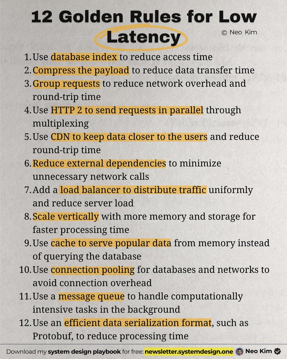 systemdesignone's tweet image. If I had to optimize latency, here are 12 rules I'd consider: