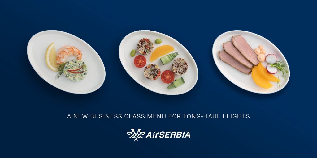 TALPoland's tweet photo. Smaki, które zainspirują Twoją podróż ✈️🧁
AirSerbia z dumą prezentuje nowe menu w Klasie Biznesowej, na lotach długodystansowych. 🥂
Rozkoszuj się starannie przygotowanymi daniami z najlepszych składników, z szerszym wyborem i specjalną opcją wegetariańską 💙
#airserbia https://t.co/m2lpDklYg9