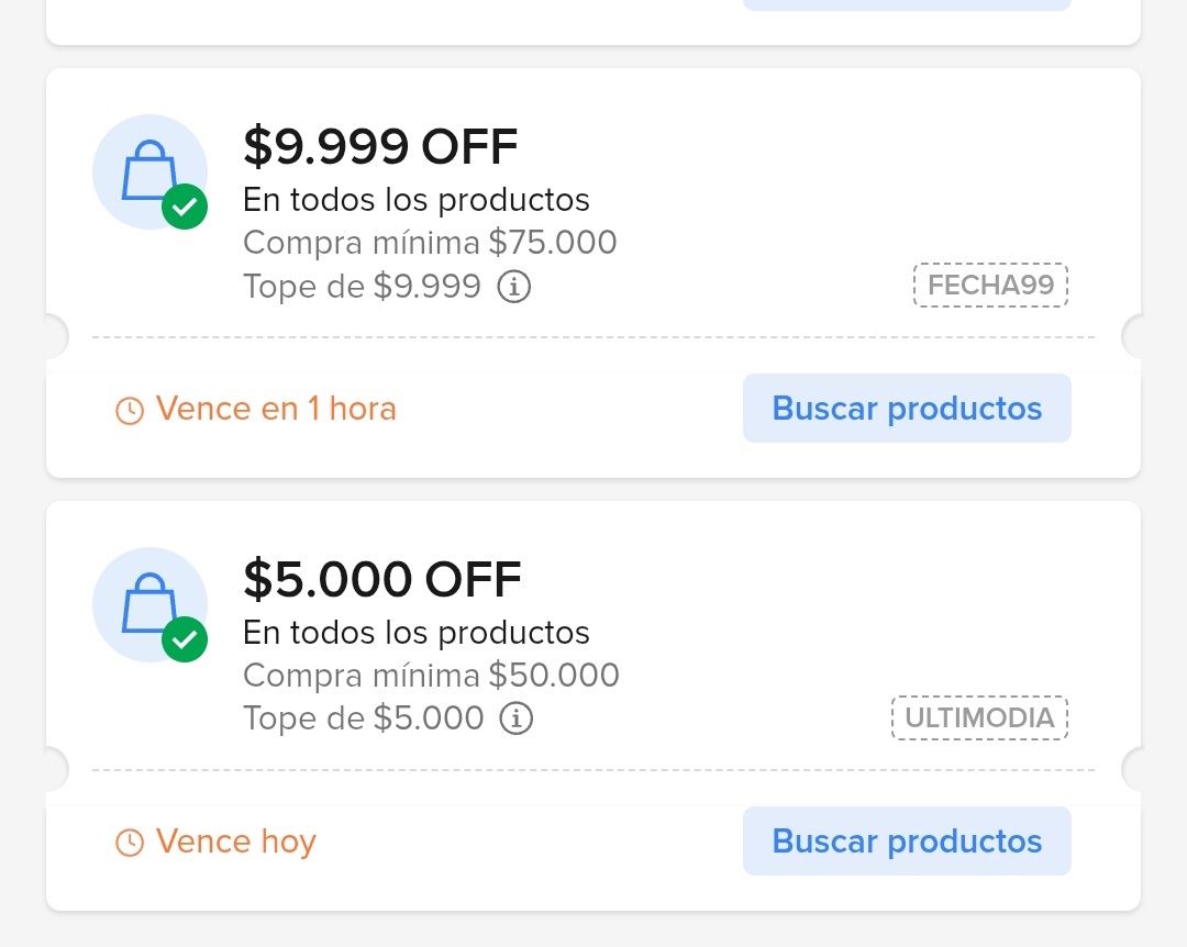 Cupones Mercado Libre ULTIMODIA (5.000) y FECHA99(9.999)