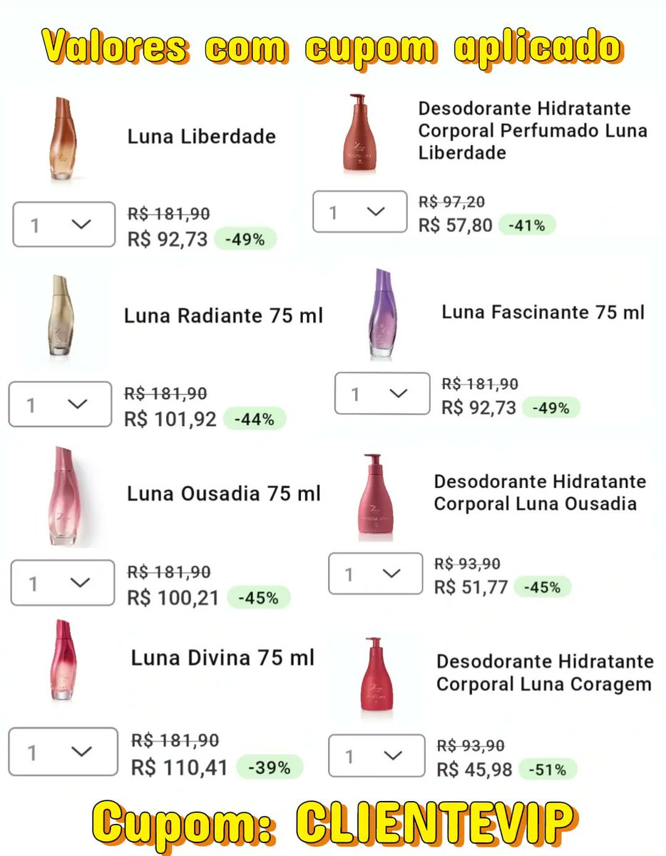 🛍️ Achadinhos da linha Luna Natura com super desconto 🛍️

👉 O cupom só ativa se você:

✅ Comprar pelo meu link
OU
✅ Me adicionar como consultor no site ou App Natura: TAVIOCONSULTOR

Link direto:
🔗natura.com.br/consultoria/ta…

#consultordigitalnatura #perfumelover #Deusnocomando