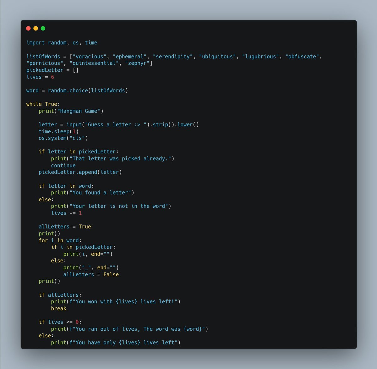 dkingony's tweet image. Day 39 of 100
Project Day! 👨🏾💻
Using all I had learnt so far on this journey, I created the hangman game for kids. What a python, phew! it wasn't easy getting that logic, I must say 😮💨
#Replit100DaysOfCode #100DaysOfCode #pythonlearning