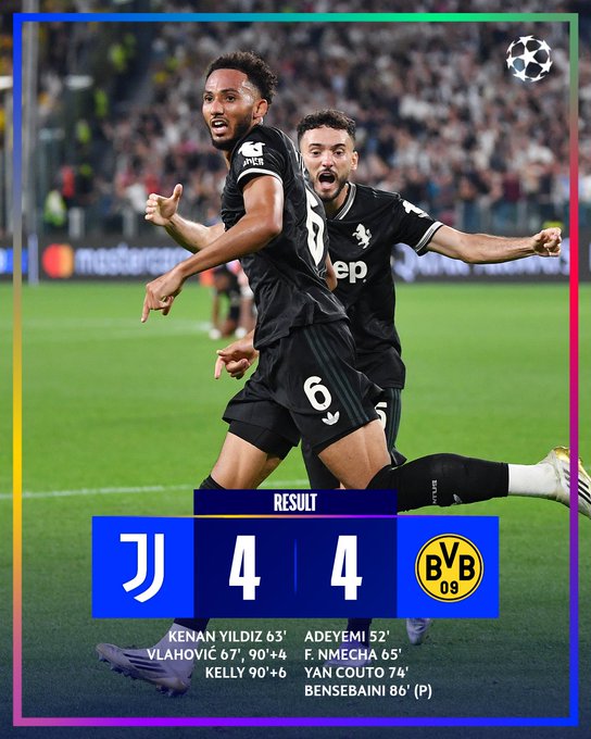 Two soccer players in black Juventus uniforms with numbers 11 and 6, running on a field. The background shows a stadium with a crowd. Text overlay displays a 4-4 score between Juventus and Borussia Dortmund, listing goal scorers Kenan Yildiz, Francisco Conceicao, Dusan Vlahovic, Teun Koopmeiners, and Ramy Bensebaini.